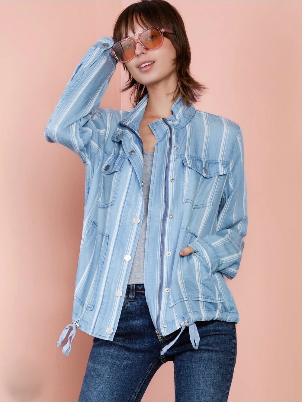 Billy T Hampton Jacket Blue Striped Utility Large Coastal Grandma Boho Casual